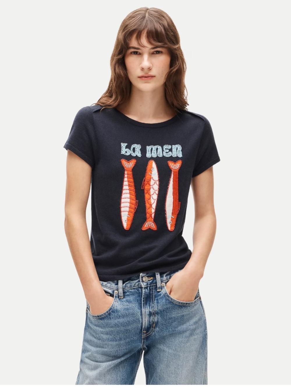 J. Crew Featherweight cashmere beaded "La mer" graphic sweater-tee - Navy Red